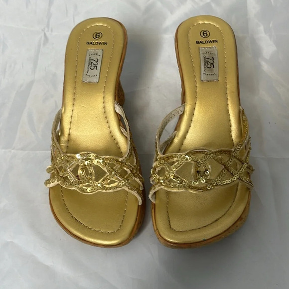 VINTAGE Y2K Platform Gold Sequin Baldwin 725 Original Wedge Open Toe Slides 6 - Picture 4 of 12